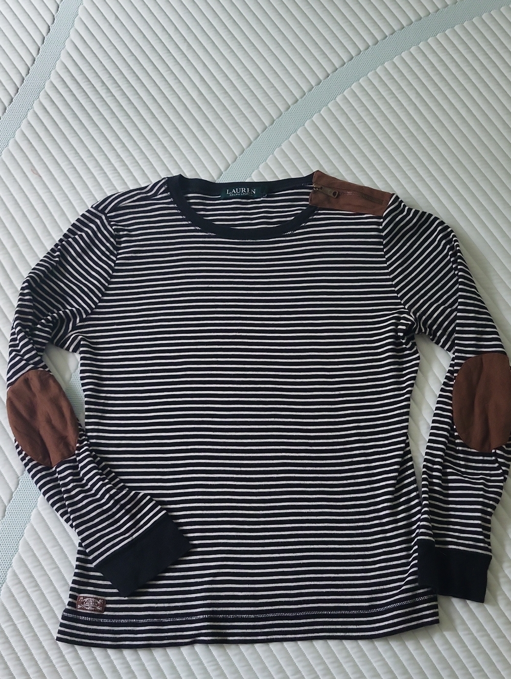 Ralph Lauren Black & White Striped Long-Sleeve Top with Brown Elbow Patches